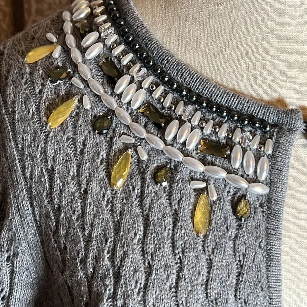 Kate Hill Linen Crochet Style Knit Cardigan w/ beaded detailing. Size Large